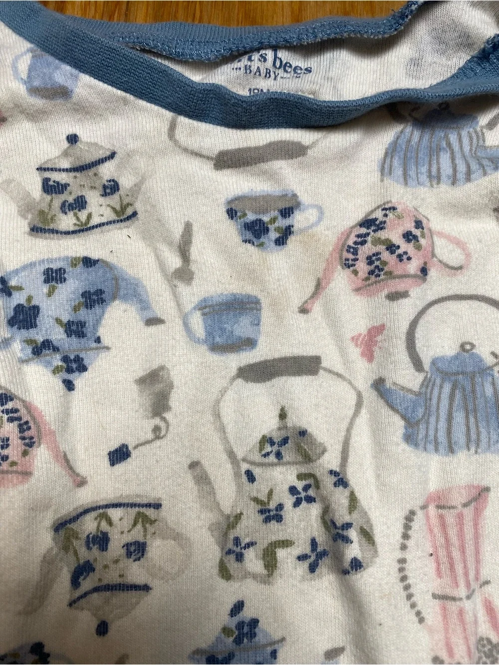 Burt's Bees Baby White Pajama Set with Blue & Blush Tea Party Print